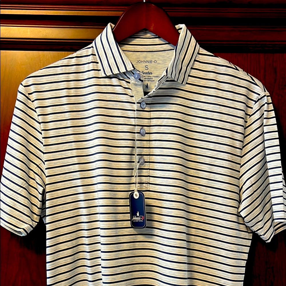 New Johnnie-O Santa Monica Men's Striped Golf Tennis Polo Shirt - White & Blue!